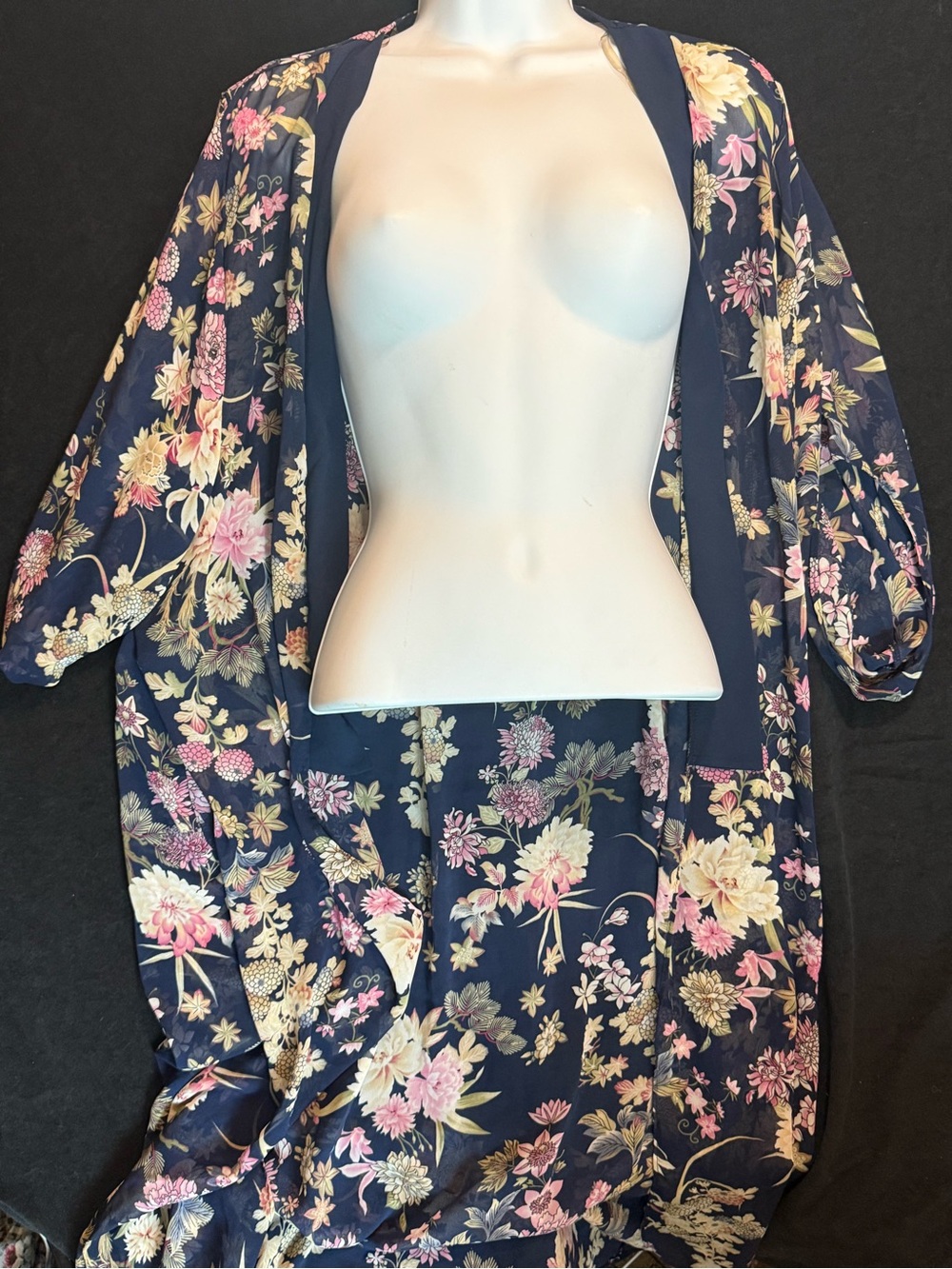 Fashion Nova Navy Floral Kimono Robe with Pink & Cream Blooms